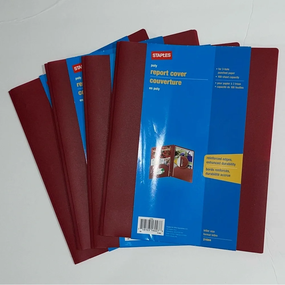Staples Set of 4 Red Poly 3 Hole Report Covers, Letter Size, 21644